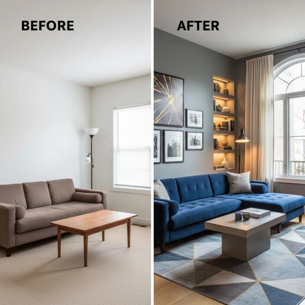 Wohnzimmer Vorher – Altes Design vor der Raumgestaltung mit DecorAI KI Raumplaner App